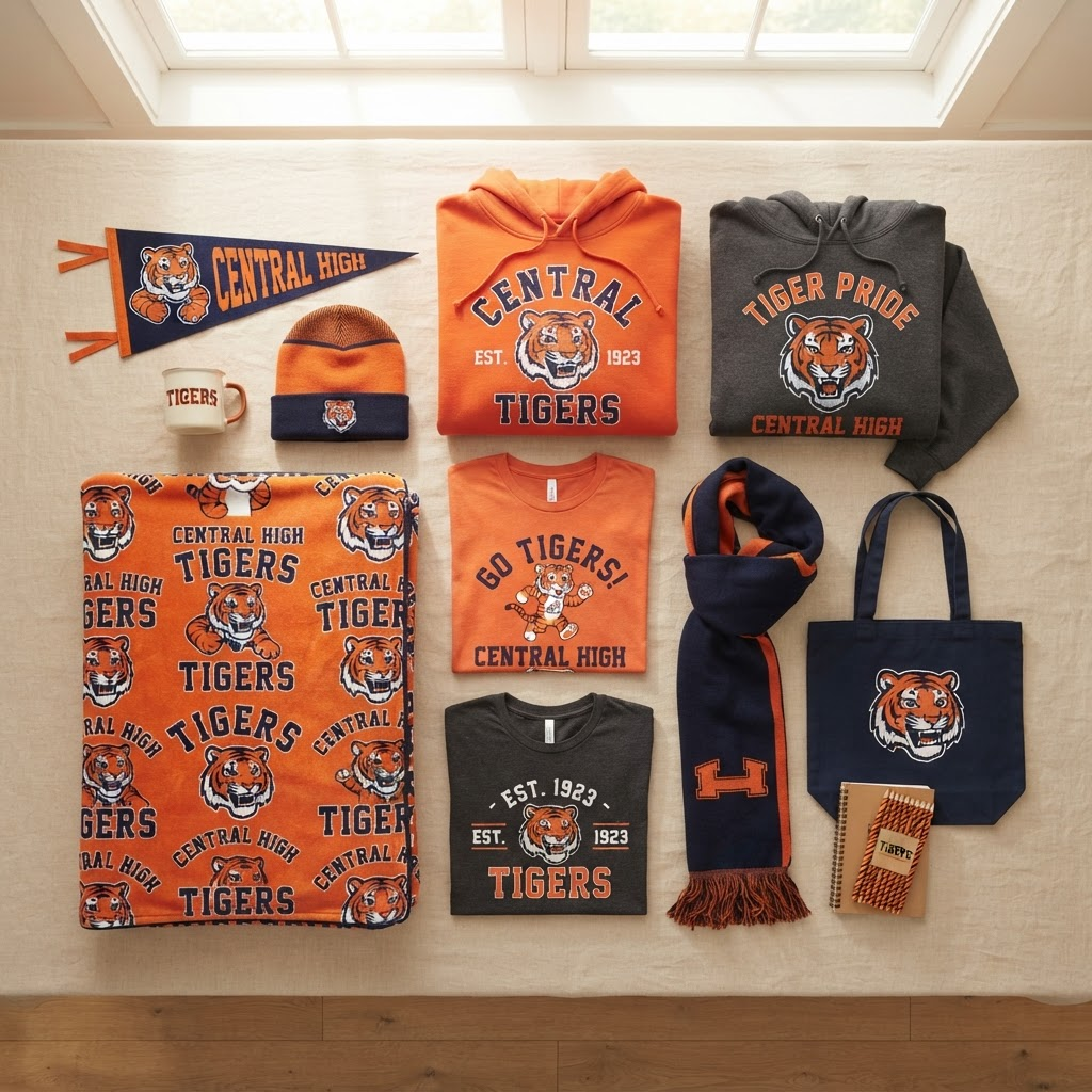 Erie Tiger merchandise including hoodies, t-shirts, and a fleece blanket